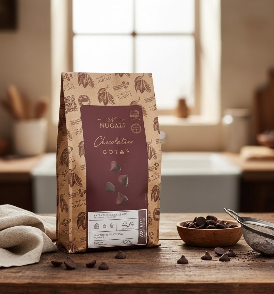 Gotas Chocolate Cacau ao Leite 45% – perfeitas para receitas e sobremesas.