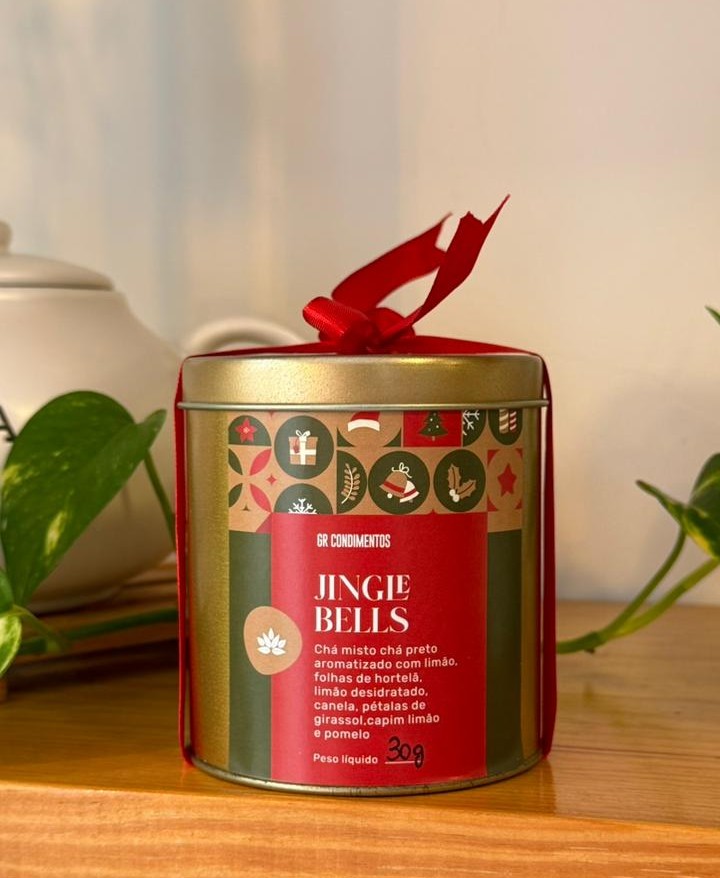 Chá Jingle Bells — blend natalino de chá preto com limão e especiarias.